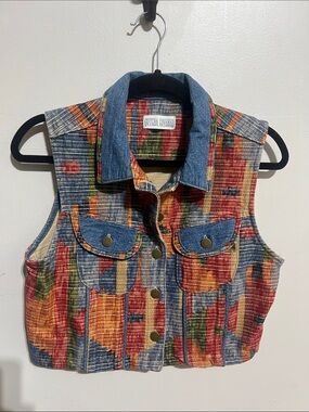 Gotcha Covered Vintage Multicolor Woven Cotton Tapestry Denim Trim Western Vest